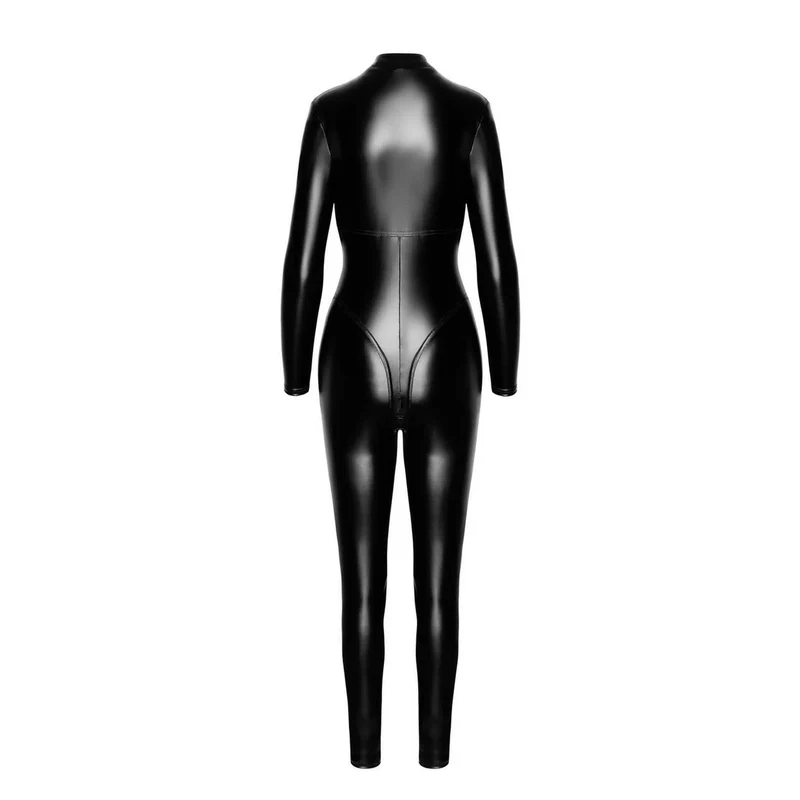 combinaison femme effet brillant extensible élastique moulante ajustée fermeture éclair trois voies col haut coutures décoratives enduction polymère noir sophistiquée
