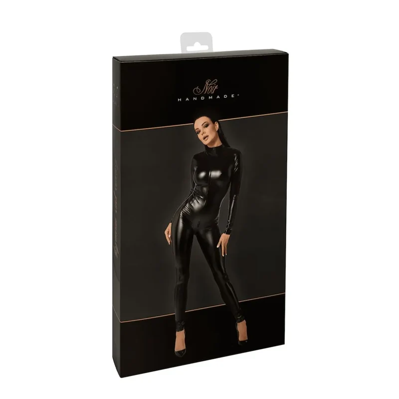 combinaison femme effet brillant extensible élastique moulante ajustée fermeture éclair trois voies col haut coutures décoratives enduction polymère noir sophistiquée