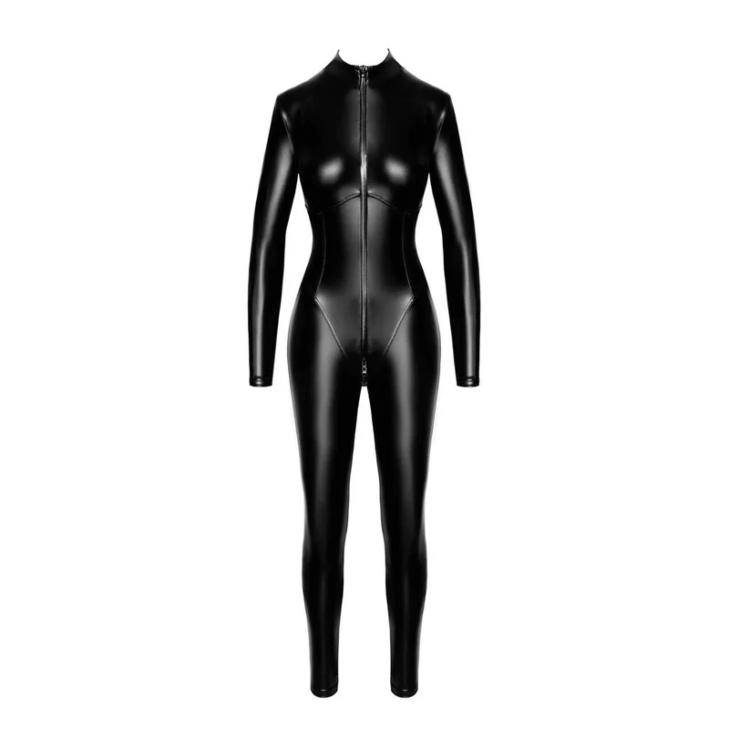 combinaison femme effet brillant extensible élastique moulante ajustée fermeture éclair trois voies col haut coutures décoratives enduction polymère noir sophistiquée