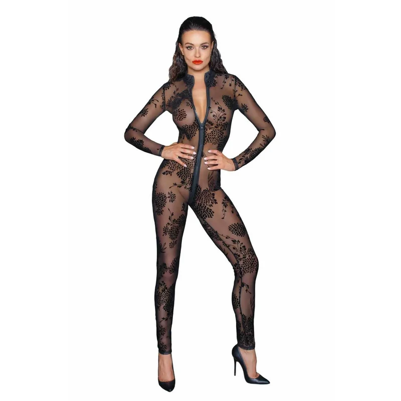 combinaison sexy tulle transparent broderies floquées fermeture éclair trois voies maille élastique ajustement silhouette élégance sensualité noire soirée