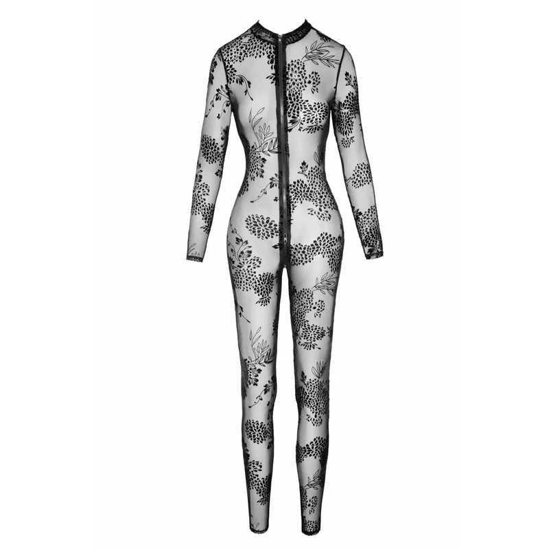combinaison sexy tulle transparent broderies floquées fermeture éclair trois voies maille élastique ajustement silhouette élégance sensualité noire soirée