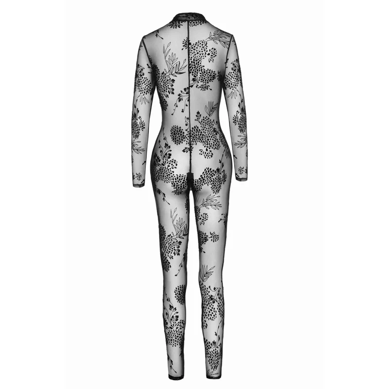 combinaison sexy tulle transparent broderies floquées fermeture éclair trois voies maille élastique ajustement silhouette élégance sensualité noire soirée