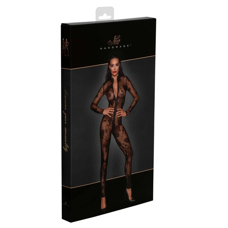combinaison sexy tulle transparent broderies floquées fermeture éclair trois voies maille élastique ajustement silhouette élégance sensualité noire soirée