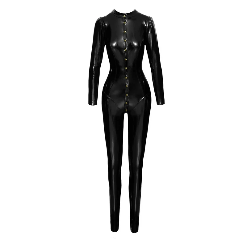 combinaison longue PVC boutonnée col montant coutures ajustées silhouette plantureuse noire glamour provocante soirée élégante boutonnage intégral six tailles