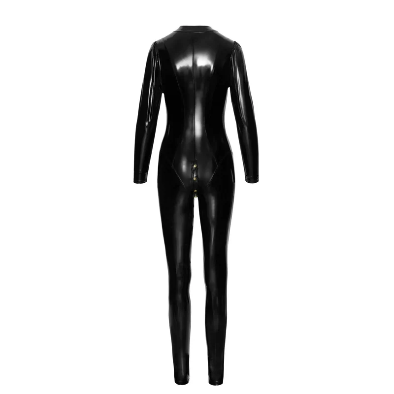 combinaison longue PVC boutonnée col montant coutures ajustées silhouette plantureuse noire glamour provocante soirée élégante boutonnage intégral six tailles