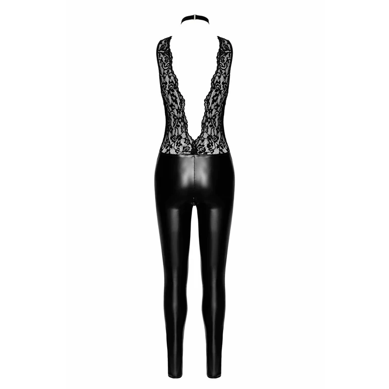 combinaison dentelle effet vinyle décolleté V profond col velours chaîne perles noir argenté moulante sculptante sexy soirée luxueuse