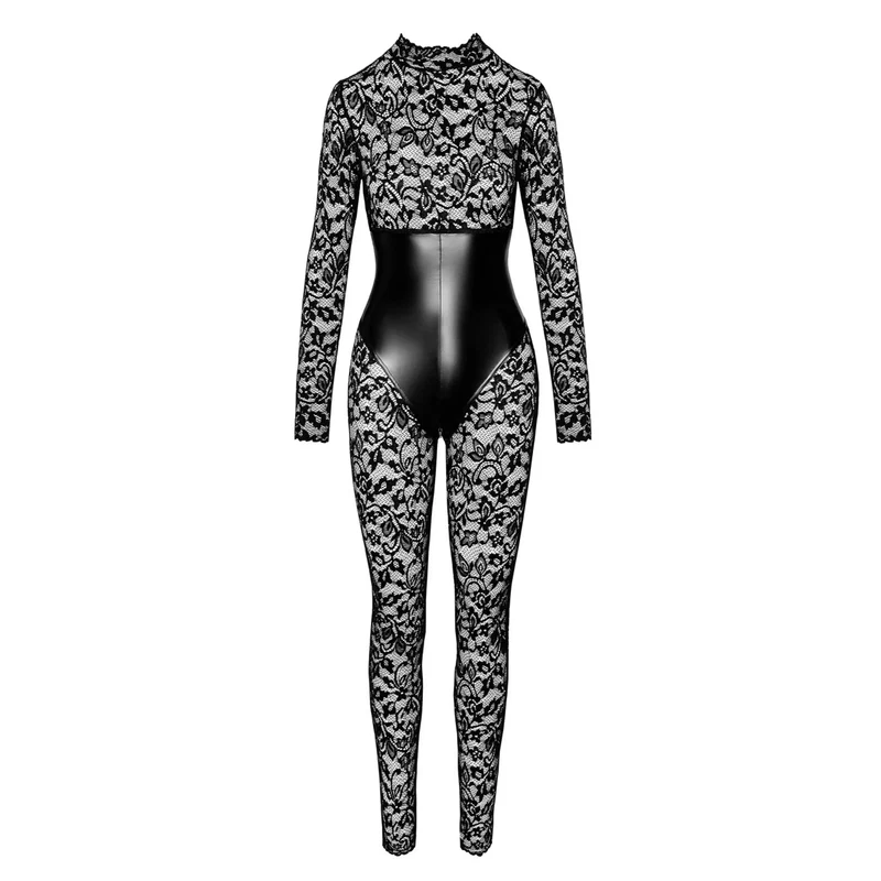 combinaison dentelle sexy manches longues laçage dos ouvert fermeture éclair brillant élastique corsage sous poitrine col montant noir