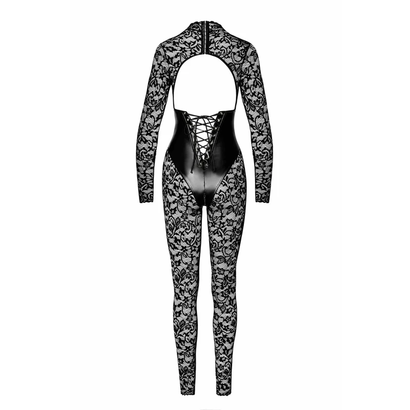 combinaison dentelle sexy manches longues laçage dos ouvert fermeture éclair brillant élastique corsage sous poitrine col montant noir