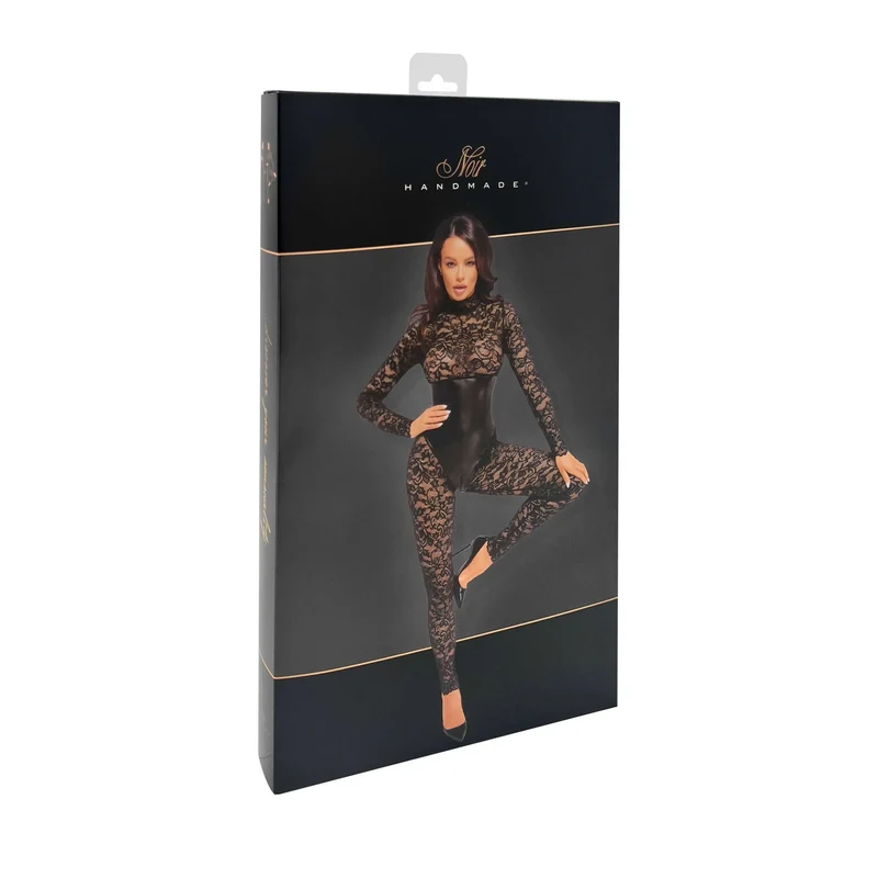 combinaison dentelle sexy manches longues laçage dos ouvert fermeture éclair brillant élastique corsage sous poitrine col montant noir