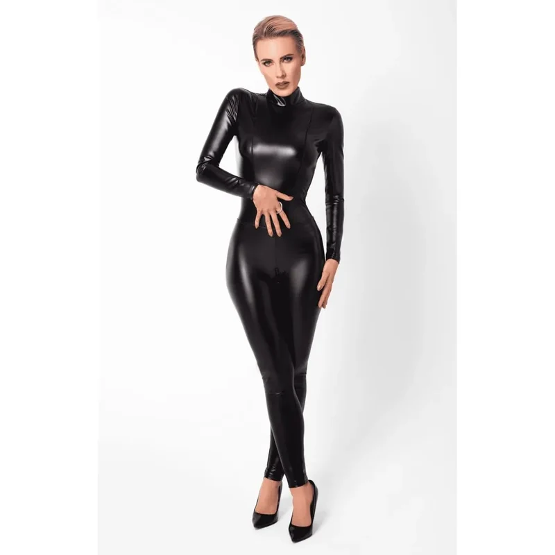 combinaison moulante effet mouillé fermetures éclair anneau métallique taille col montant coupe ajustée extensible durable noir soirée audacieuse