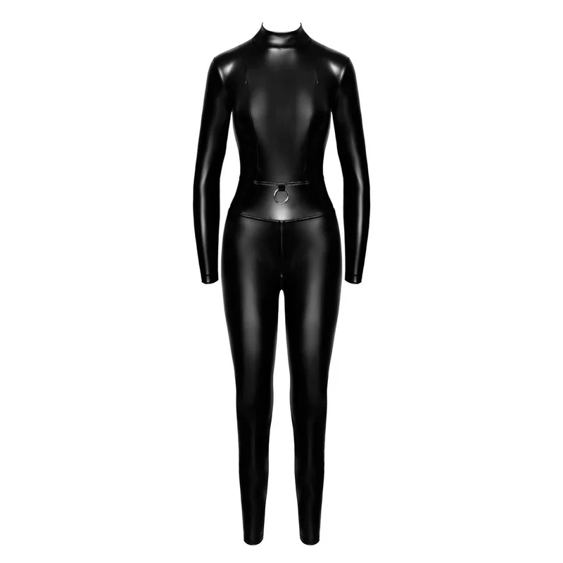combinaison moulante effet mouillé fermetures éclair anneau métallique taille col montant coupe ajustée extensible durable noir soirée audacieuse