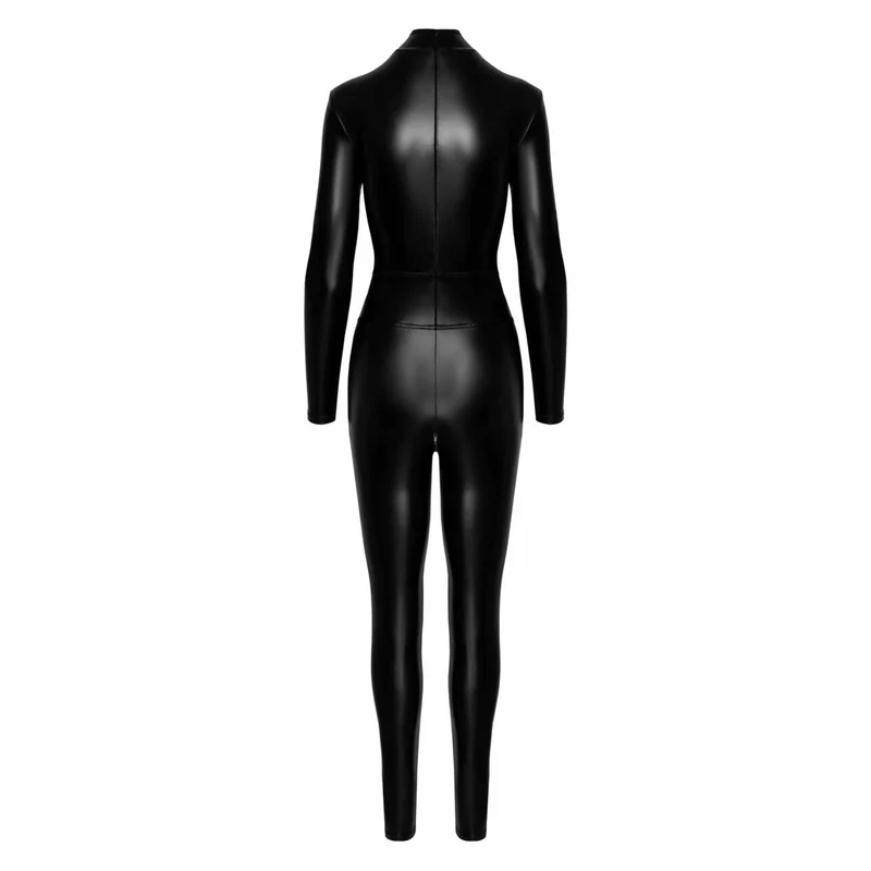 combinaison moulante effet mouillé fermetures éclair anneau métallique taille col montant coupe ajustée extensible durable noir soirée audacieuse
