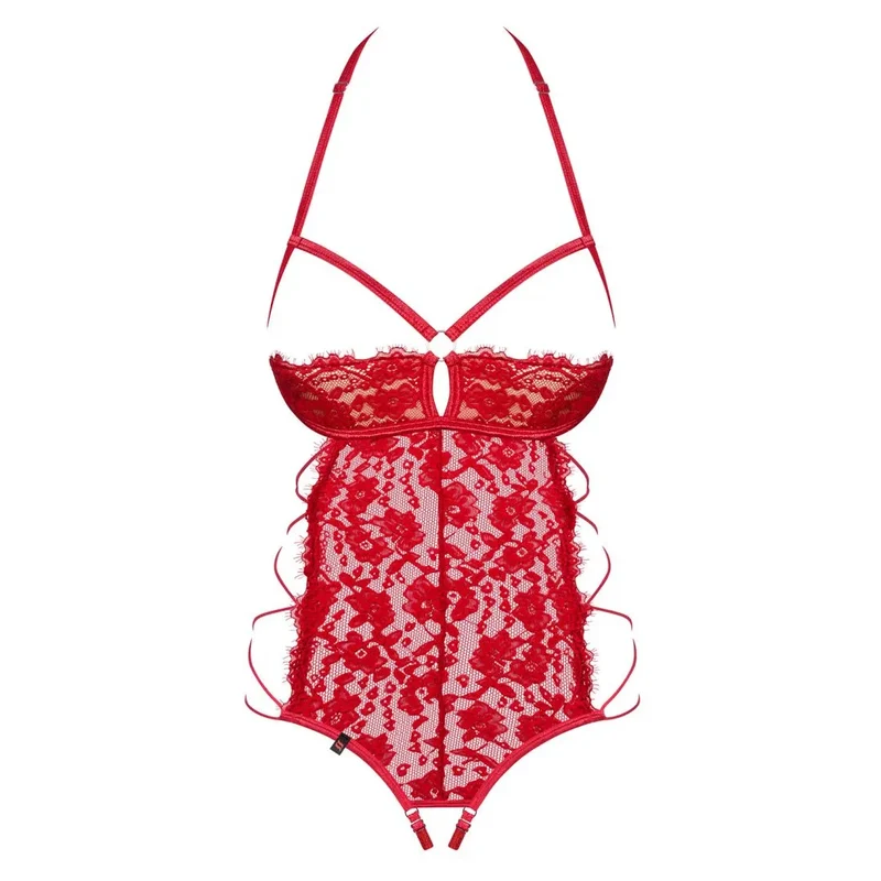 Rediosa body dentelle ouvert rouge bretelles réglables élastique ajustement parfait transparent sensuel audacieux anneau métal fermeture multiple tailles disponibles