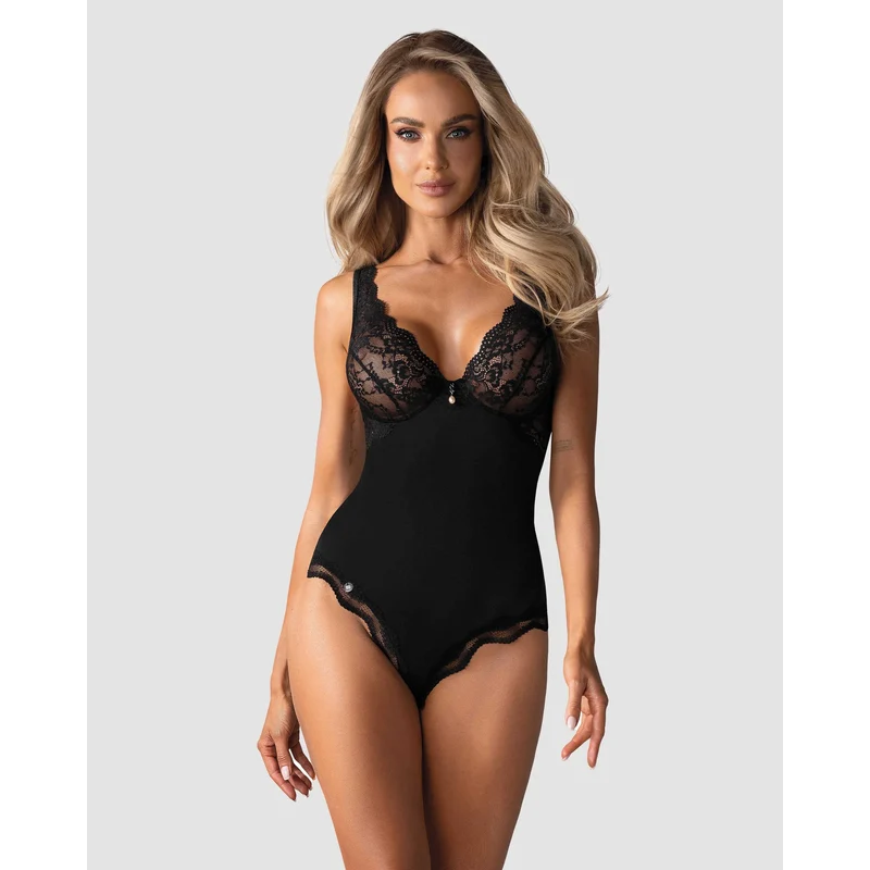 body noir dentelle chic bretelles réglables bijou perle beige bonnets armatures maintien extensible douceur polyamide élasthanne