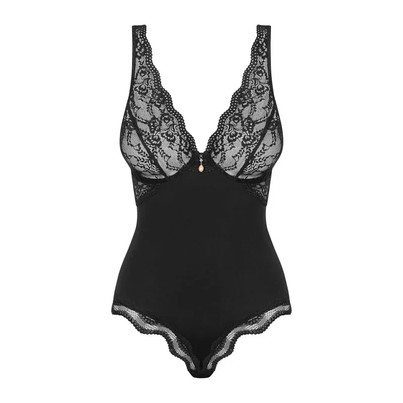 body noir dentelle chic bretelles réglables bijou perle beige bonnets armatures maintien extensible douceur polyamide élasthanne