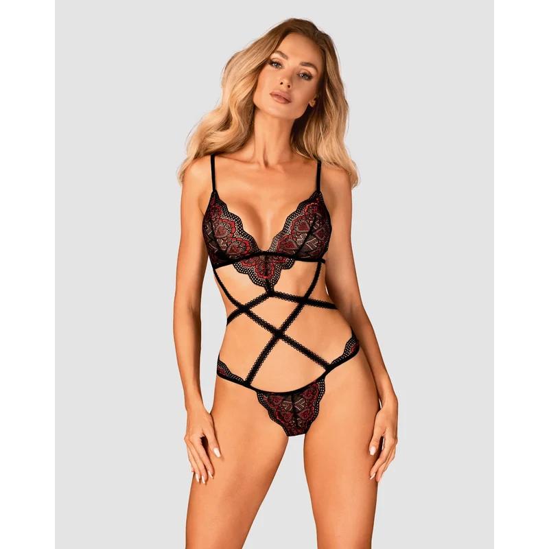 body dentelle noir rouge ajustable sangles décoratives confortable bretelles réglables maintien douceur polyamide élasthanne séduisant raffiné