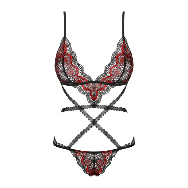 body dentelle noir rouge ajustable sangles décoratives confortable bretelles réglables maintien douceur polyamide élasthanne séduisant raffiné