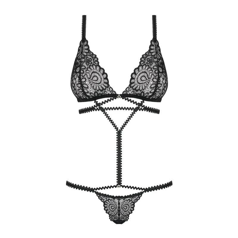 body sensuel dentelle noire élastiques ajustables sexy confortable sublimant silhouette bretelles réglables fixation dos détails brillants extensible élasthanne polyamide
