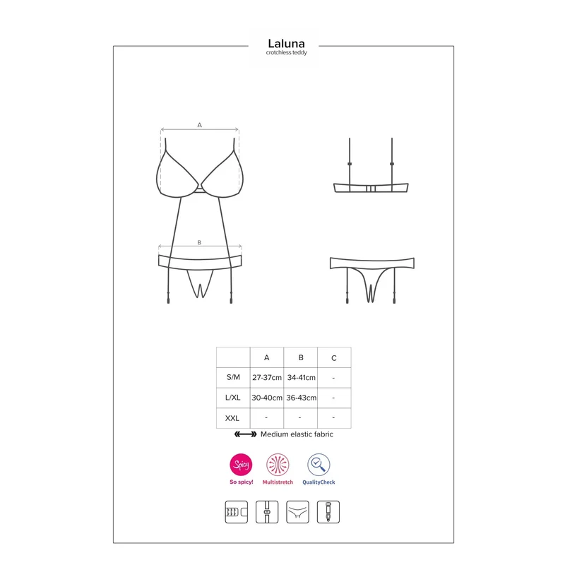 Laluna justaucorps noir sexy dentelle scintillante ajustable bretelles réglables découpes coquines entrejambe ouvert tissu doux élasthanne polyamide confort