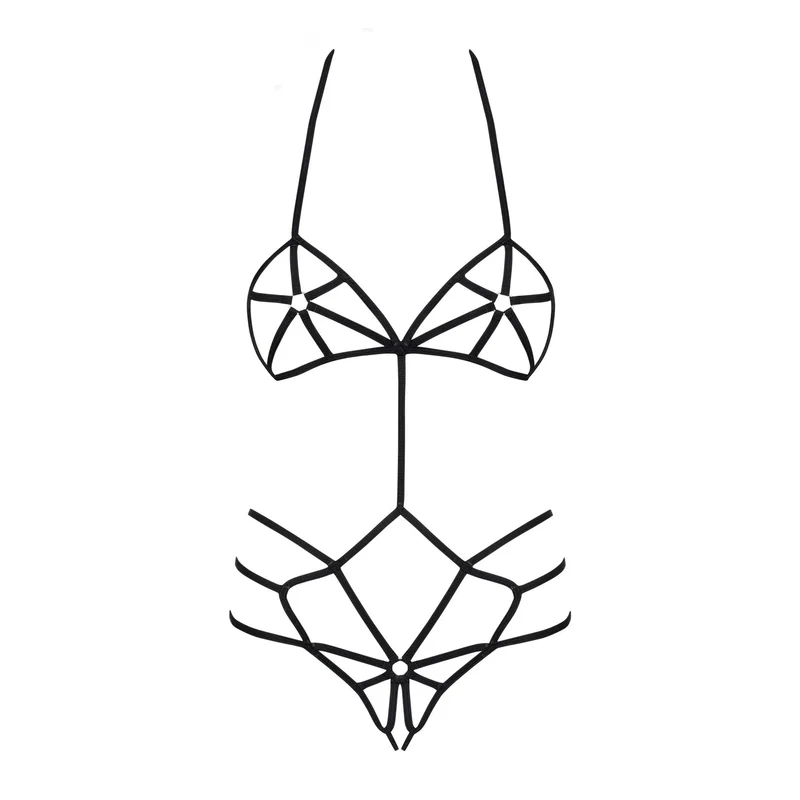justaucorps sexy noir lanières élastiques style araignée anneau métallique poitrine tanga ouvert entrejambe maintien sculptant coupe audacieuse glamour