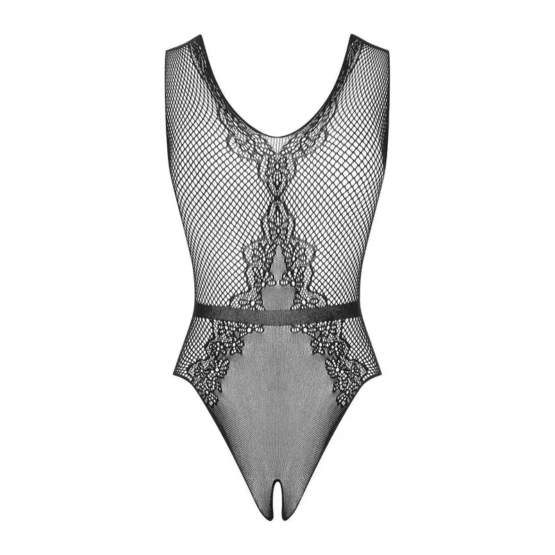 justaucorps noir ouvert entrejambe résille ceinture satin noeud confort extensible moulant sensuel audacieux élégant sculptant silhouette soirée intime