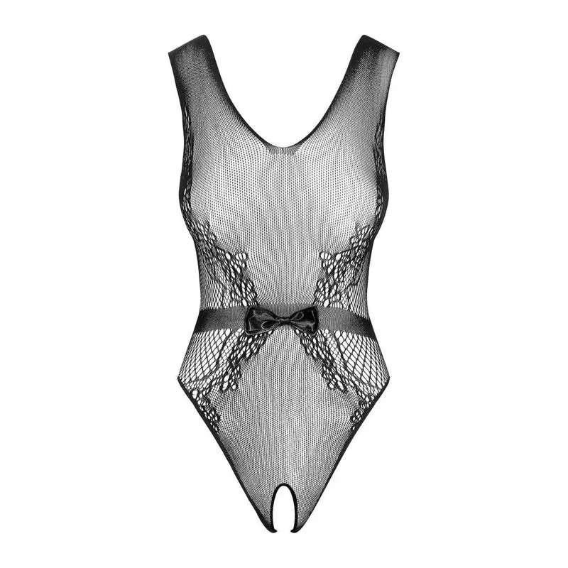 justaucorps noir ouvert entrejambe résille ceinture satin noeud confort extensible moulant sensuel audacieux élégant sculptant silhouette soirée intime