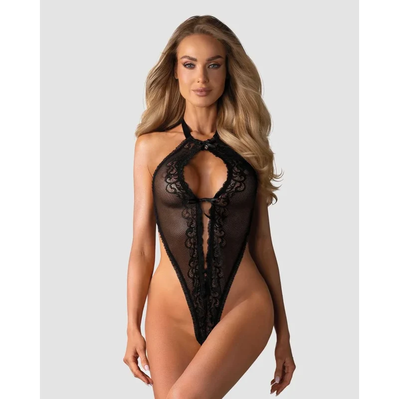 body noir sexy ouvert laçage ajustable bijou brillant entrejambe polyamide élasthanne élasticité confortable silhouette sculptante sophistiqué
