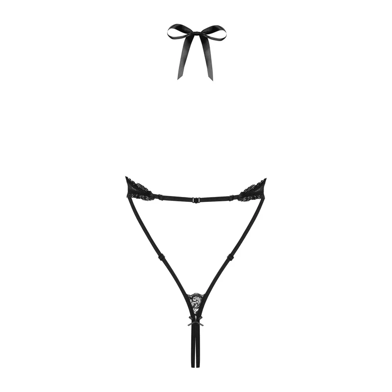 body noir sexy ouvert laçage ajustable bijou brillant entrejambe polyamide élasthanne élasticité confortable silhouette sculptante sophistiqué