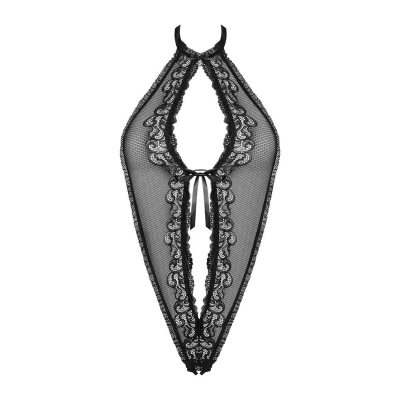 body noir sexy ouvert laçage ajustable bijou brillant entrejambe polyamide élasthanne élasticité confortable silhouette sculptante sophistiqué