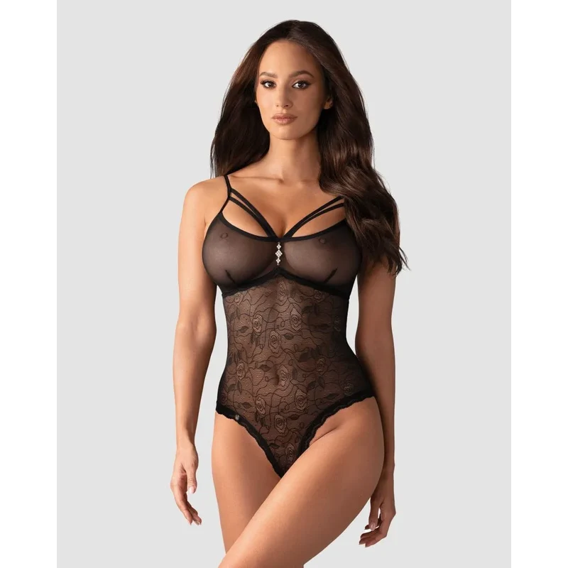 body femme noir semi transparent motifs floraux bijou ornemental polyamide élasthanne extensible doux ajustable moulant glamour sensuel soirée romantique élégant