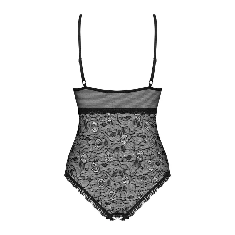 body femme noir semi transparent motifs floraux bijou ornemental polyamide élasthanne extensible doux ajustable moulant glamour sensuel soirée romantique élégant