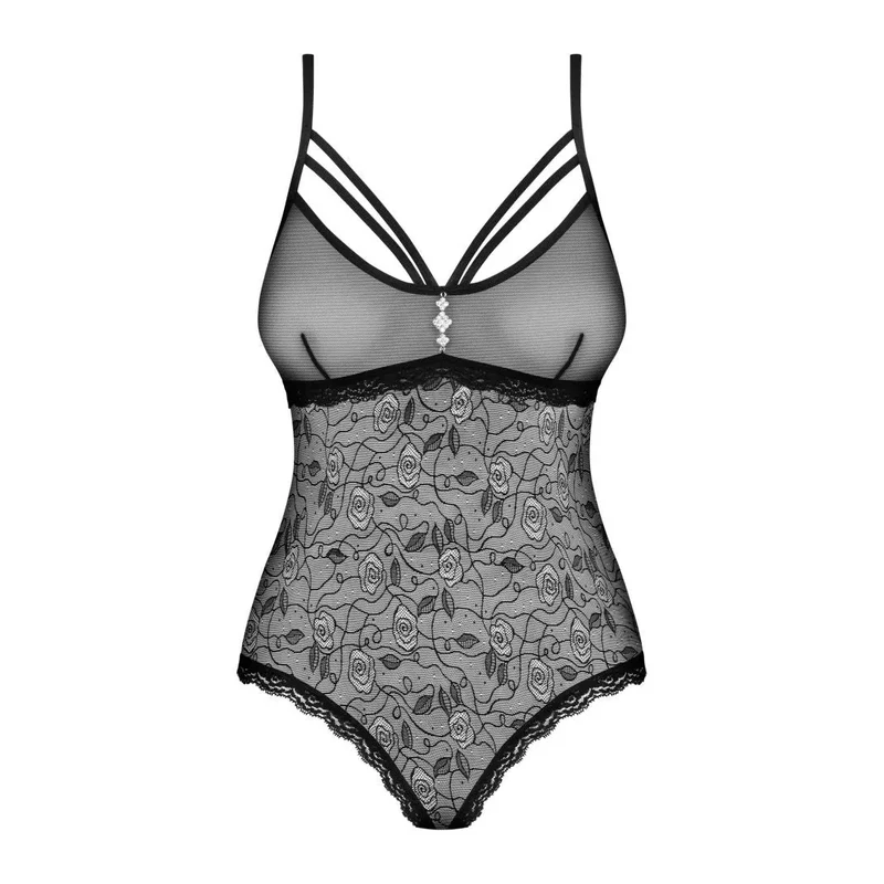 body femme noir semi transparent motifs floraux bijou ornemental polyamide élasthanne extensible doux ajustable moulant glamour sensuel soirée romantique élégant