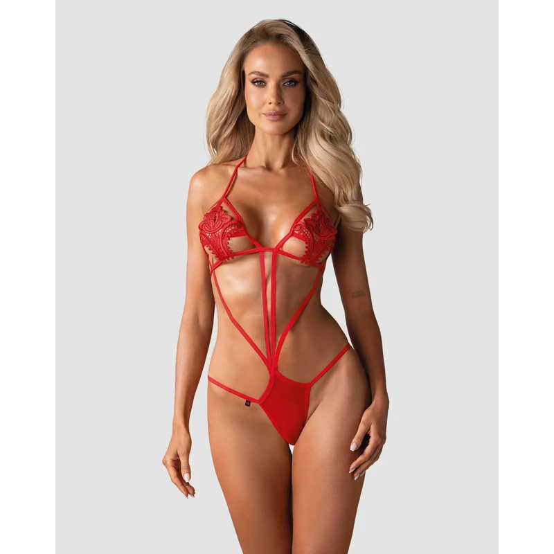 Body lingerie sexy rouge broderie florale fines lanières Obsessive élégance féminine extensible polyester élasthanne taille S M