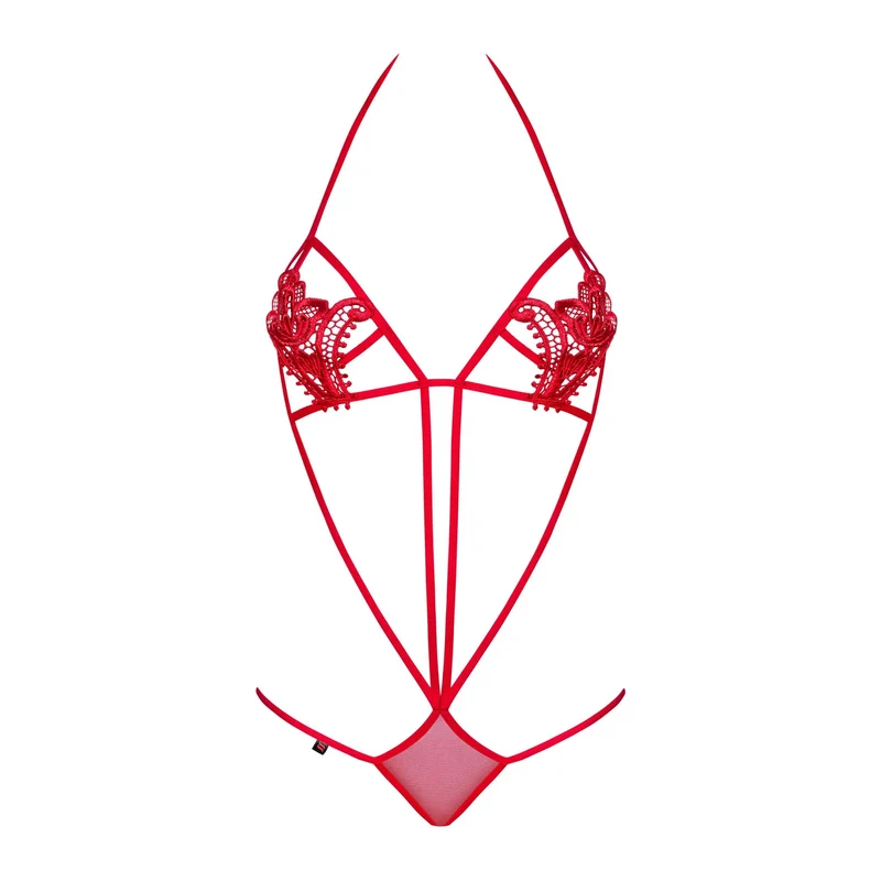 Body lingerie sexy rouge broderie florale fines lanières Obsessive élégance féminine extensible polyester élasthanne taille S M