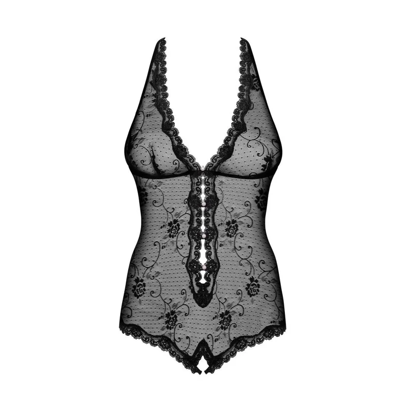 Fiorenta justaucorps noir floral dentelle ouvert sexy bretelles ajustables bonnets galbants poitrine taille coupe élastique sophistiquée