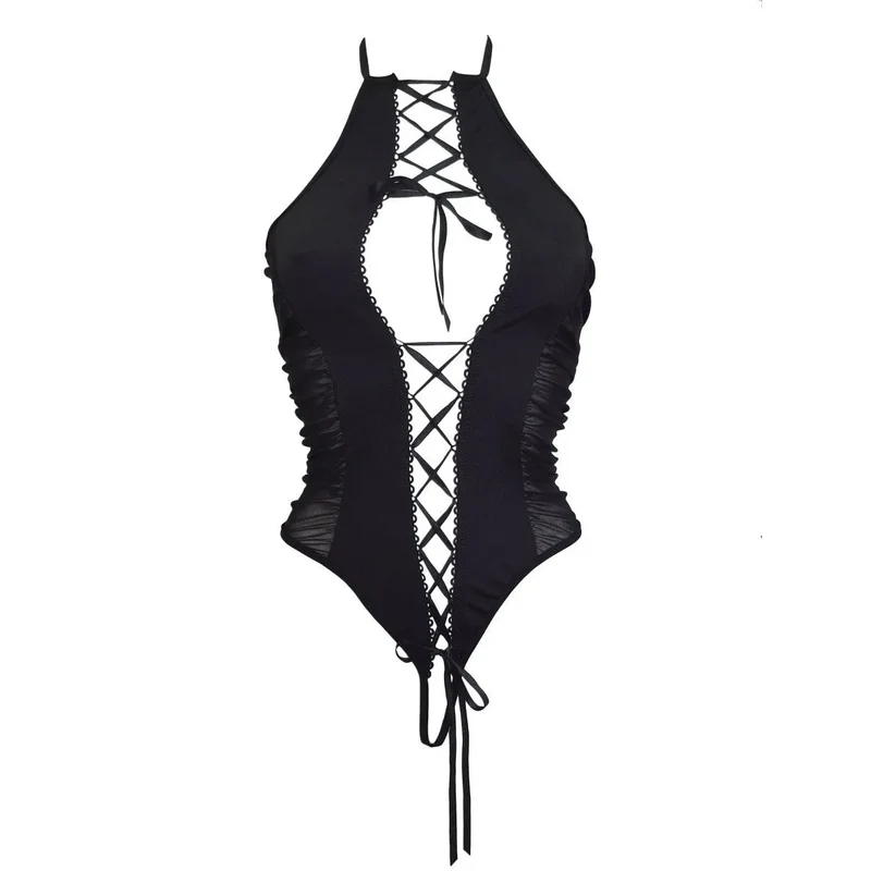 body noir intense laçage avant transparence arrière moulant extensible polyester élasthanne élégant sensuel soirée romantique tailles S M L XL