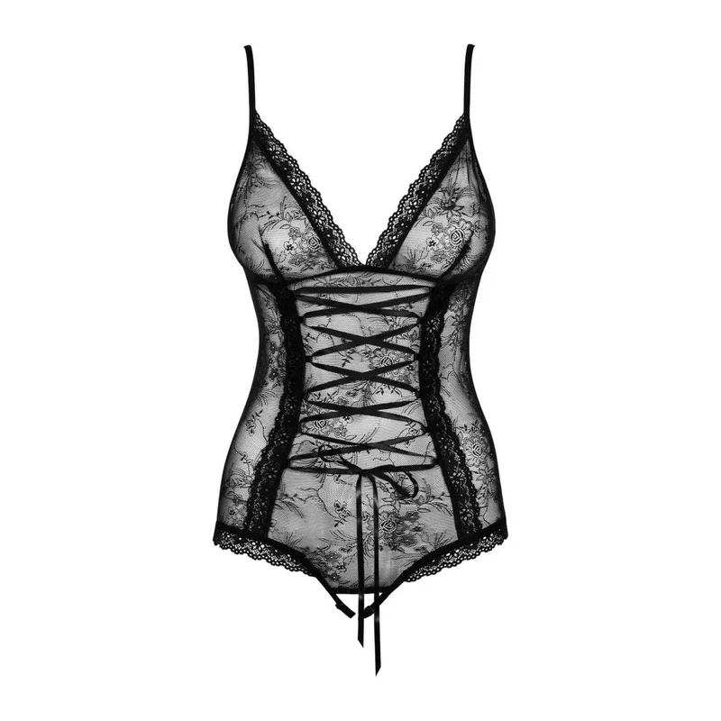 Slevika body dentelle noire motif floral bonnets souples bretelles réglables laçage satiné couture verticale effet amincissant ouvert entrejambe sensuel pratique