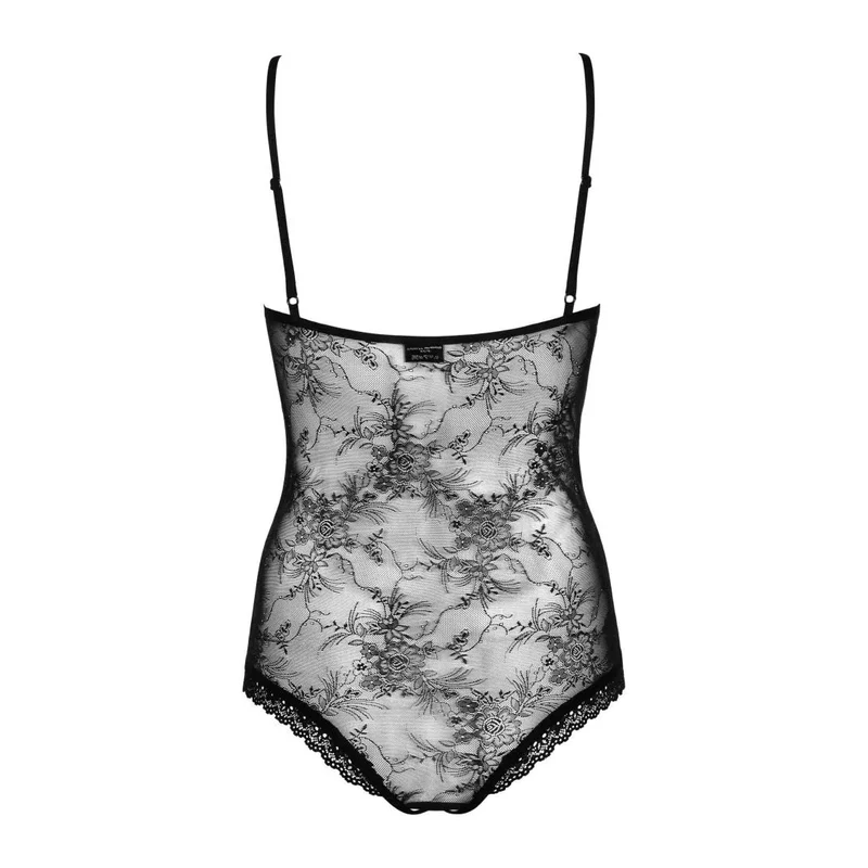 Slevika body dentelle noire motif floral bonnets souples bretelles réglables laçage satiné couture verticale effet amincissant ouvert entrejambe sensuel pratique