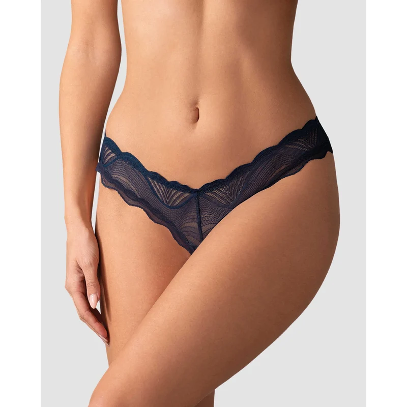 string ouvert bleu marine motifs complexes tissu léger strass glamour confort élastique polyamide élasthanne sans nickel audacieux raffiné sensuel séduisant