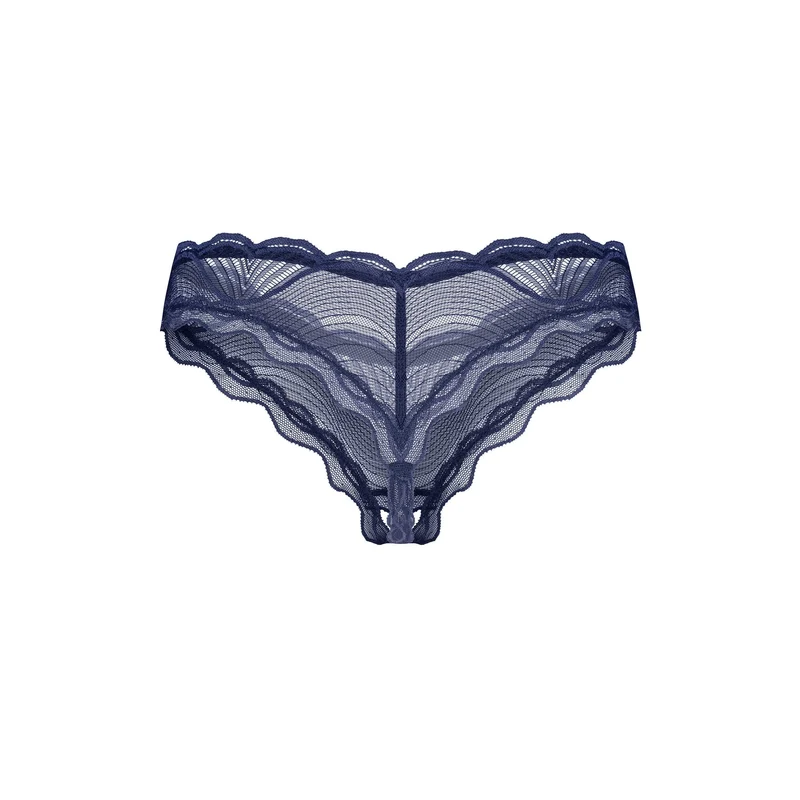 string ouvert bleu marine motifs complexes tissu léger strass glamour confort élastique polyamide élasthanne sans nickel audacieux raffiné sensuel séduisant