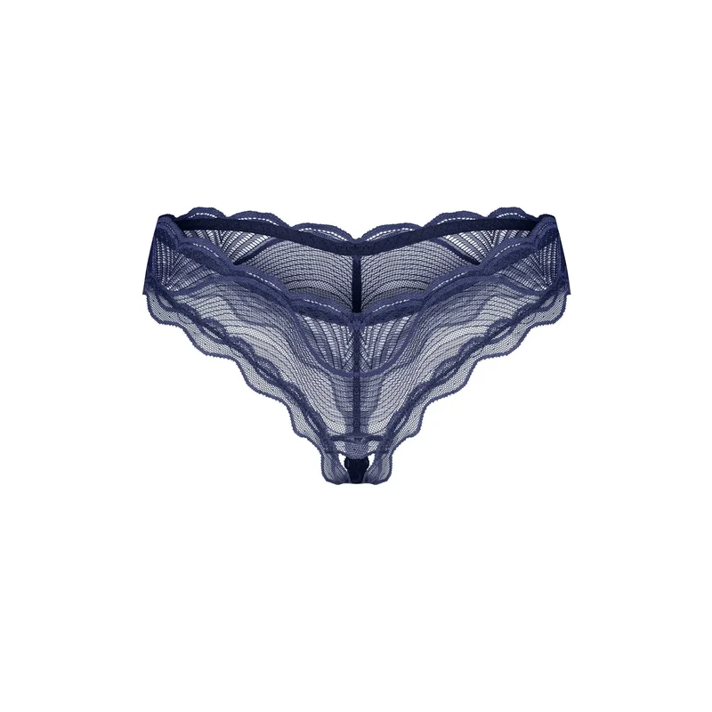 string ouvert bleu marine motifs complexes tissu léger strass glamour confort élastique polyamide élasthanne sans nickel audacieux raffiné sensuel séduisant