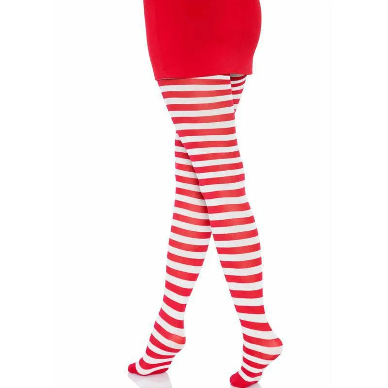 Bas rayés rouges blancs femme nylon polyester extensibles confortables résistants doux élégants tendance festifs ajustables silhouette raffinée