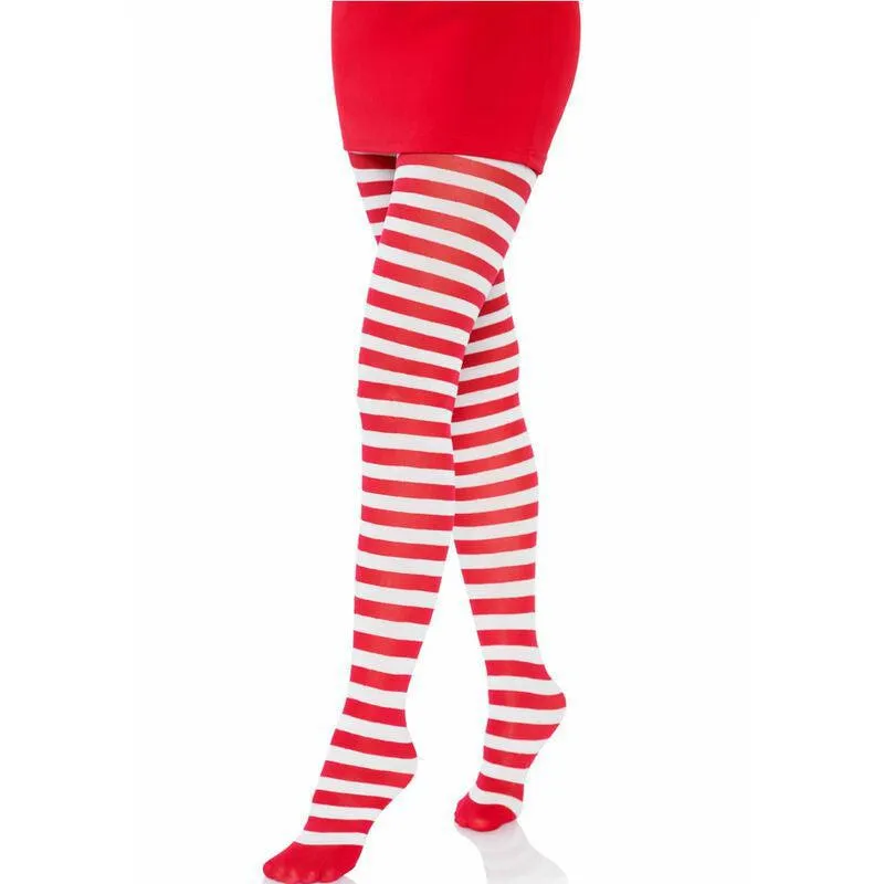 Bas rayés rouges blancs femme nylon polyester extensibles confortables résistants doux élégants tendance festifs ajustables silhouette raffinée