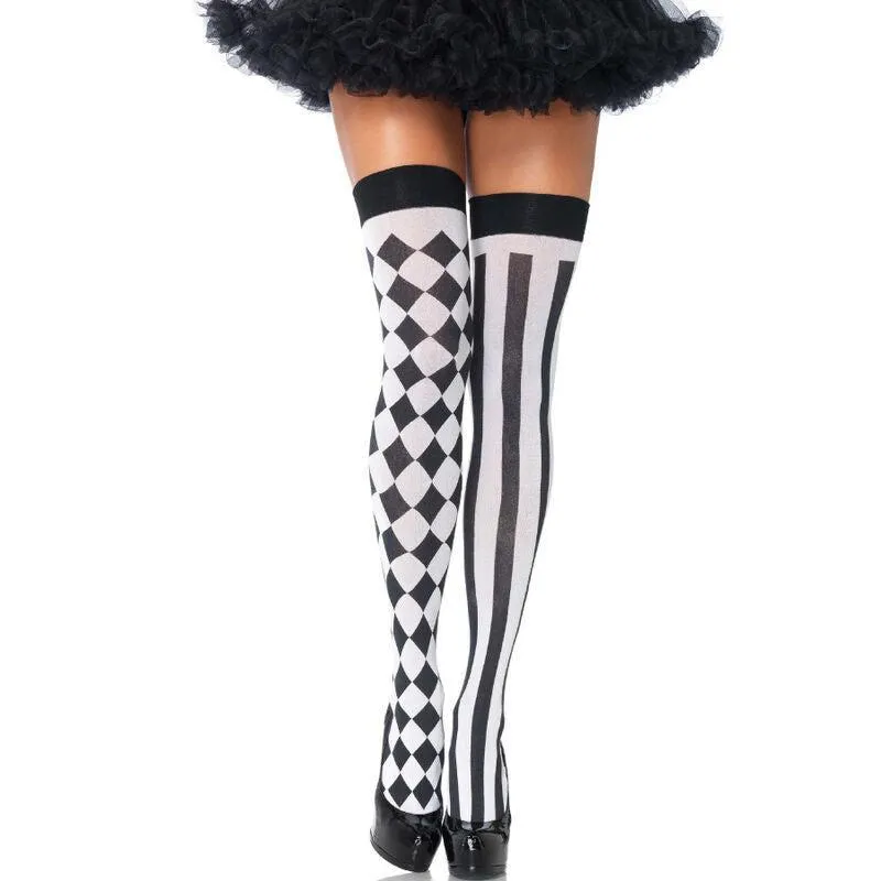 collants arlequin noirs blancs motif losange nylon extensibles confortables ajustables polyvalents chics audacieux théâtraux originaux élégants modernes