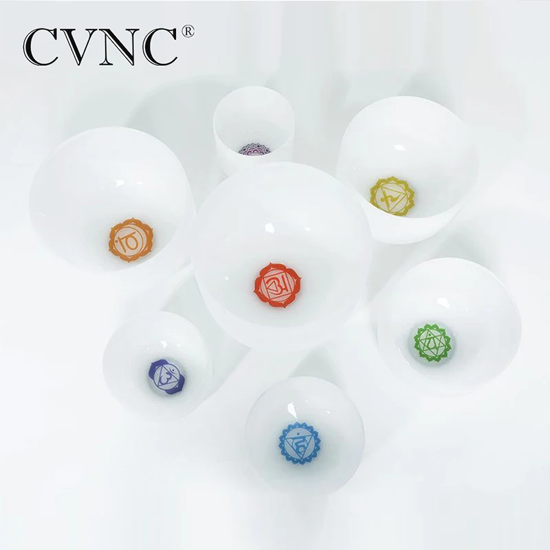 Chakra tuned 7 piece set Frosted Quartz Crystal Singing Bowls 6" - 12"