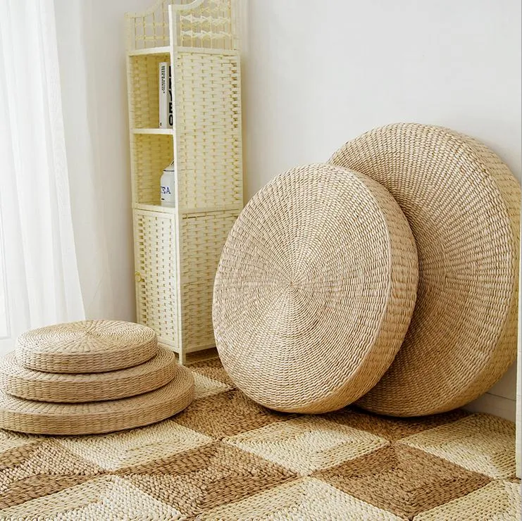 Hot Natural Straw Round Pouf Tatami Meditation Yoga Cushion - 5 Sizes 40/45/50/60/70cm