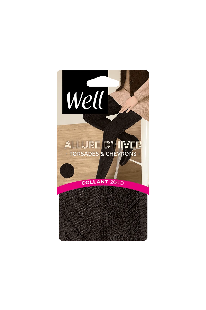 Collant Torsades et Chevrons 200D Allure d'Hiver - Noir ébène