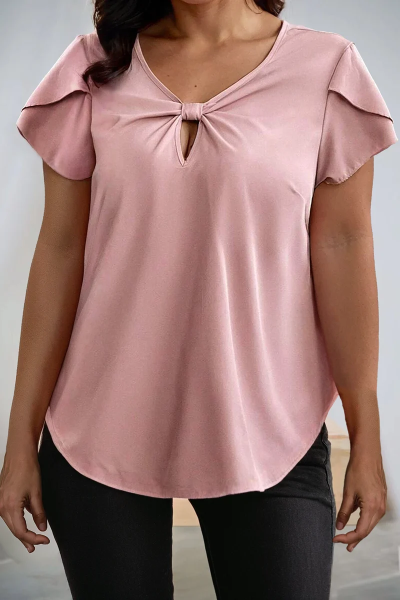 Knotted Keyhole Front Petal Short Sleeve Plus Size Top