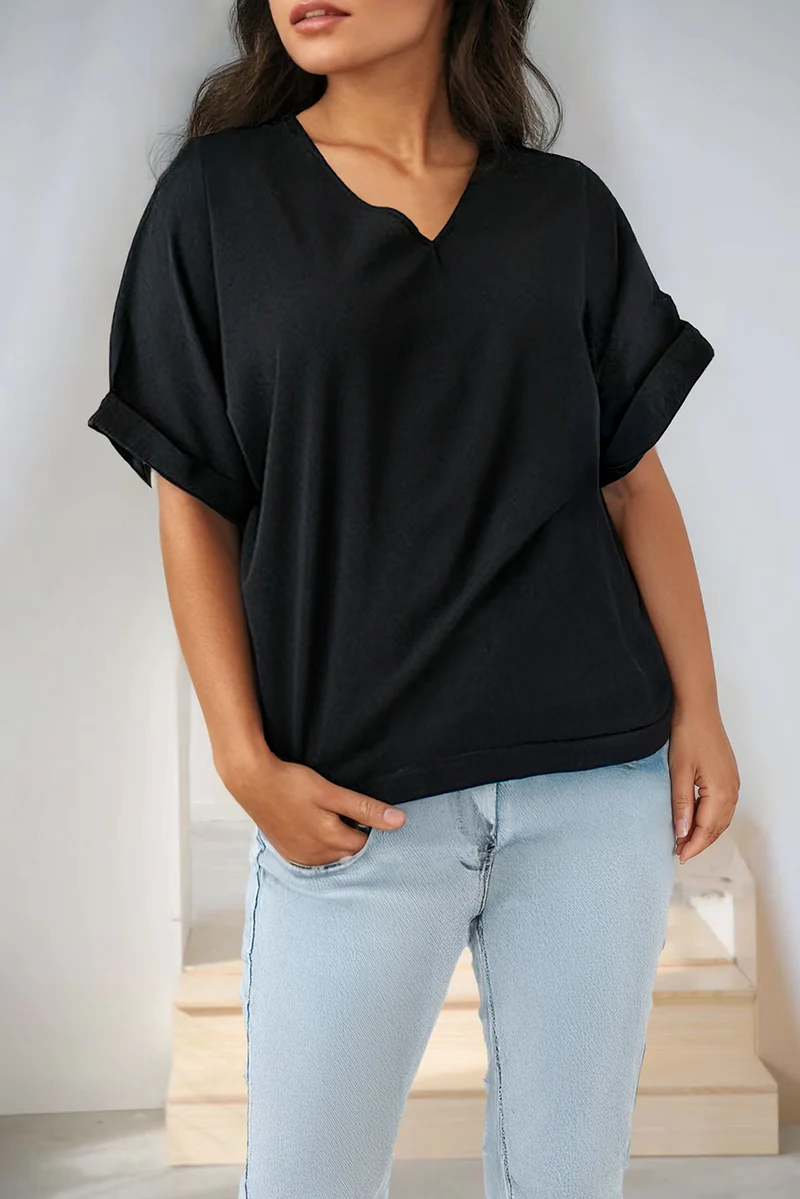 Plus Size Seamed Back High Low Hem V Neck Cuffed Sleeve Tee