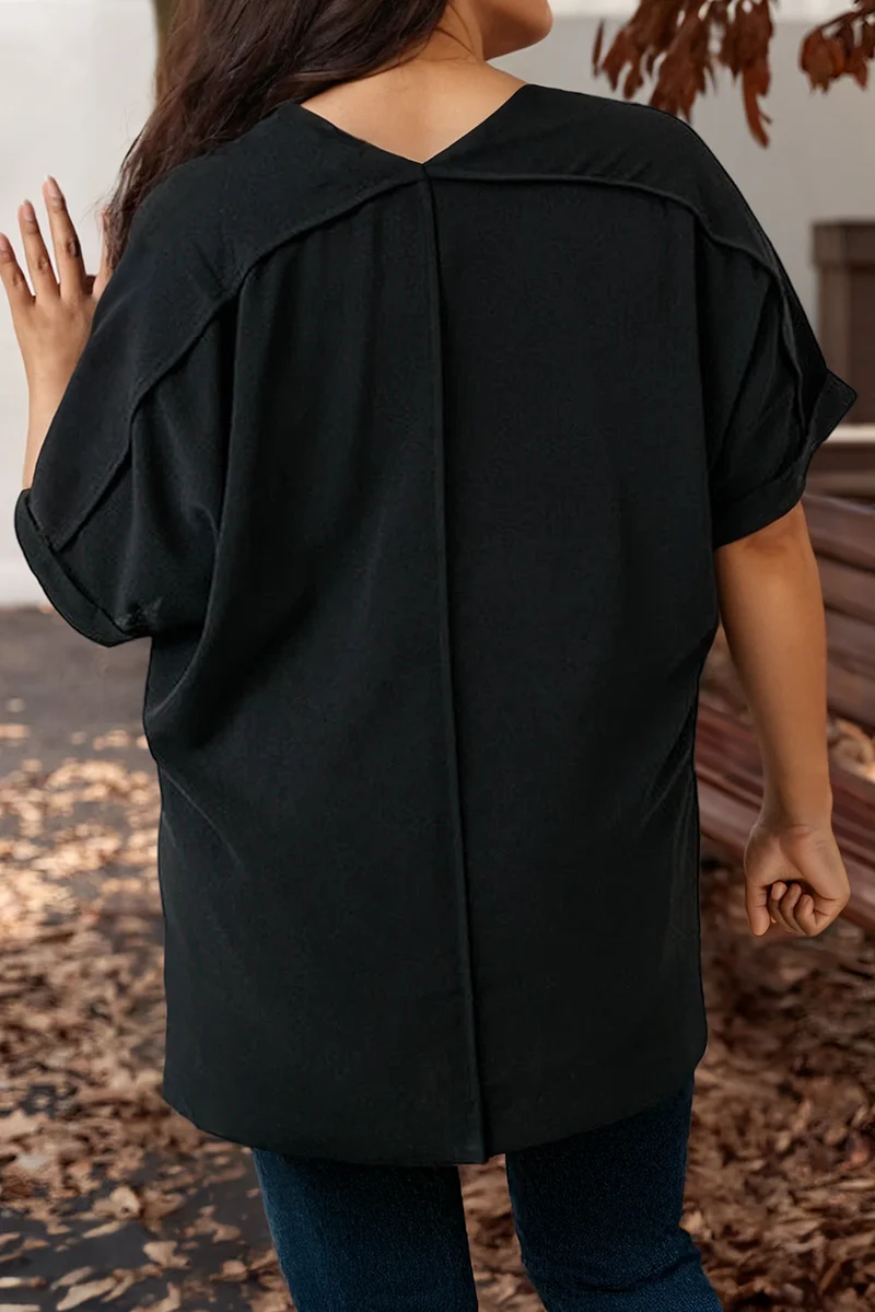 Plus Size Seamed Back High Low Hem V Neck Cuffed Sleeve Tee